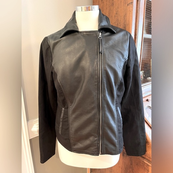 Lucky Brand Black Leather and Cotton Moto Biker Jacket Size Medium - Picture 1 of 6